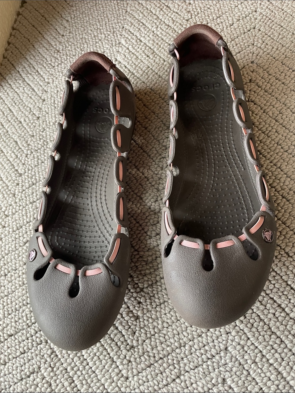 CROCS Women's Brown Flats with Pink Trim
